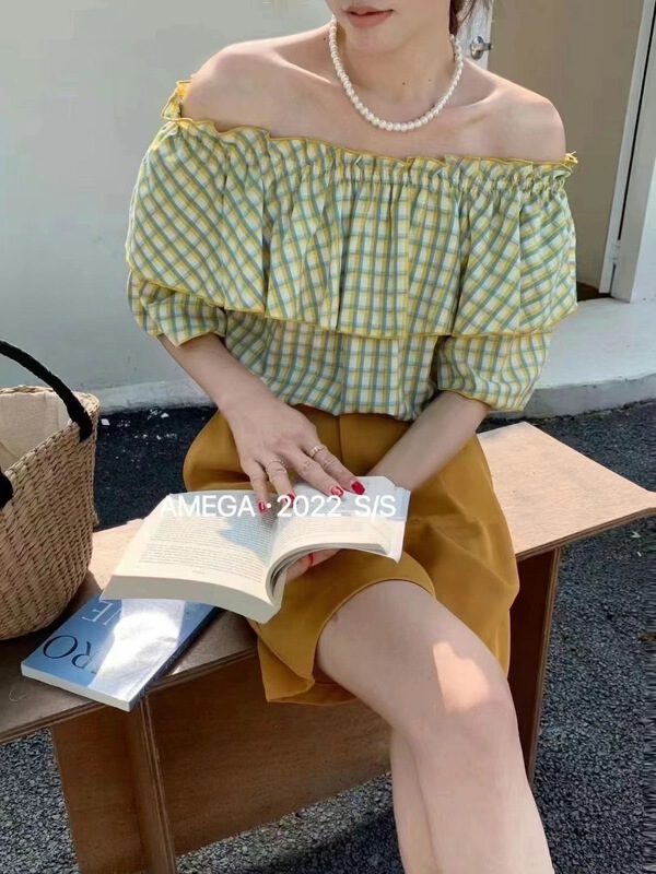[amega] Korean Plaid off shoulder shirt 6301\hbx