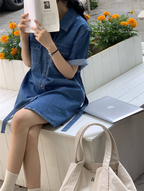 [clean space] Korean version of Western versatile denim dress (with belt) 31851\cls