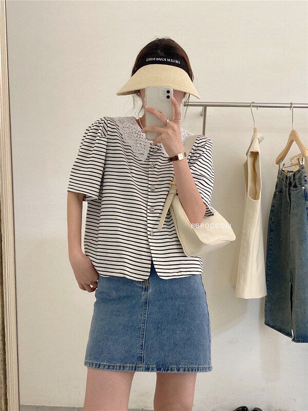 【 broccoli 】 lace collar stripe bubble sleeve shirt 8118\zjy