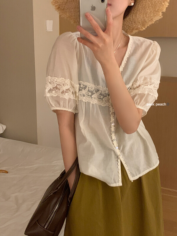 [seek peach] V-neck single breasted comfortable shirt (only selling shirts) 5291\ll