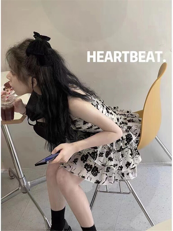 [hearteat] flocking printed suspender waist dress 556\zjy