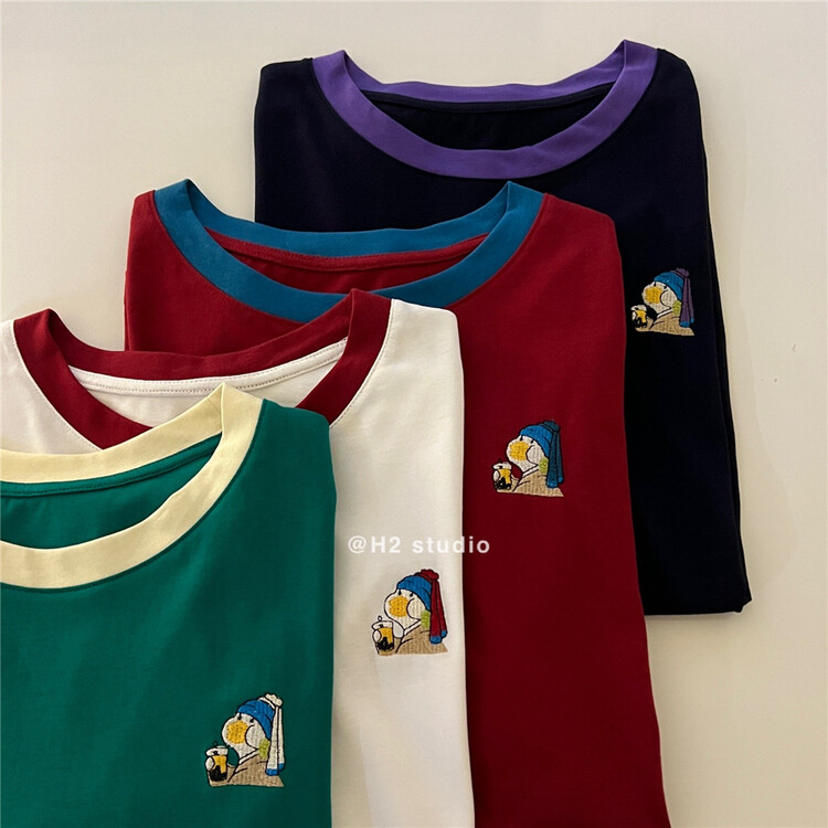 [h2-studio] casual contrast collar cartoon embroidered short sleeve T-shirt a1007\hbx