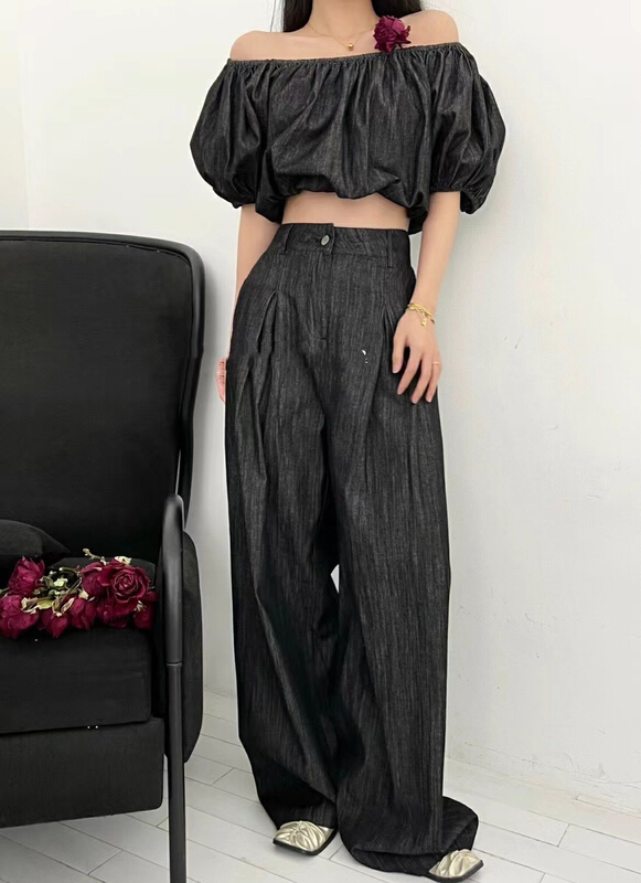 Online hot girls' off shoulder shirt ➕ High waist skinny jeans set 1337-1\pcz