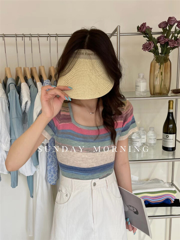 [Sunday morning] retro contrast square neck stripe short T-shirt 6999\zjy