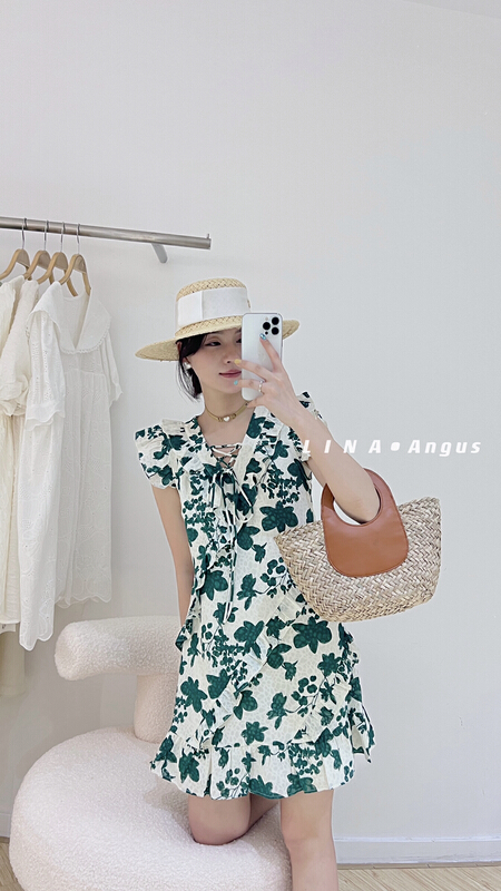 [Lina] lace up Vintage Floral Ruffle sleeve dress 0181\hjy