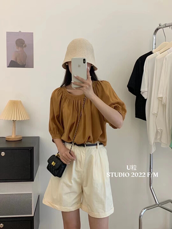 [U grain] simple loose solid casual shorts (with belt) 9180\hbx