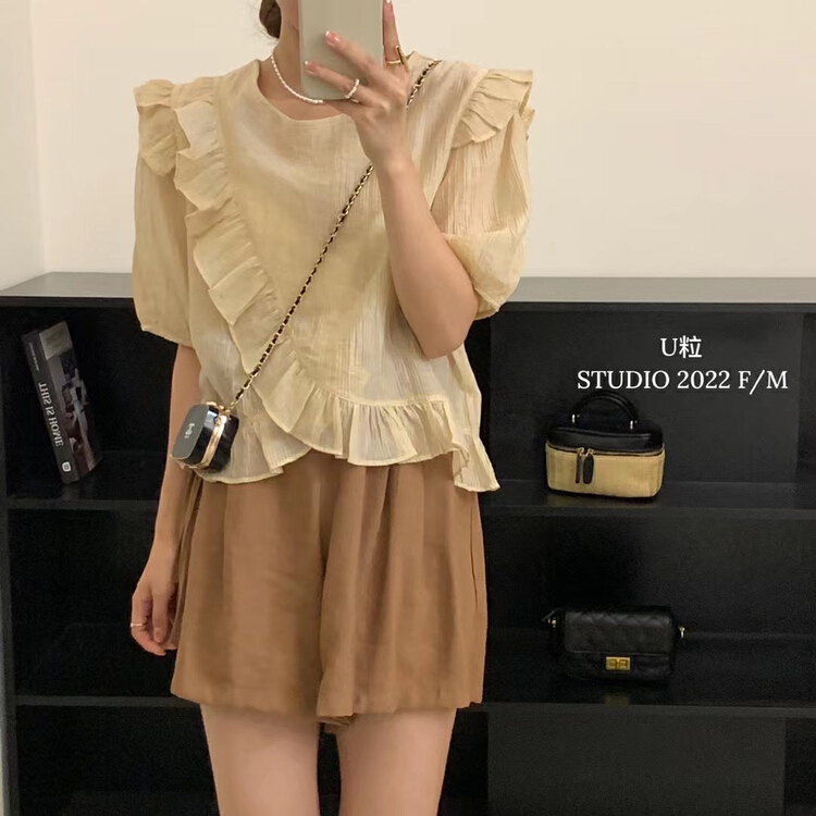 [u-grain] fresh round neck Ruffle shirt (only for small shirts) 6125\hbx