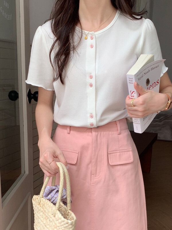 [miss sumey millet] Korean version simple casual button short sleeve T-shirt 2429\hbx