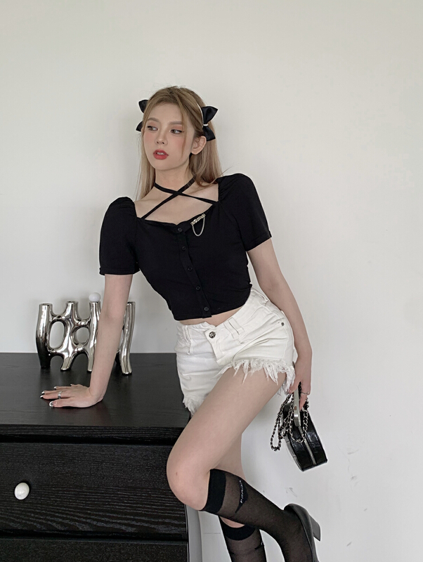 [rich people] square neck lace up short short sleeve T-shirt 1073\pcz
