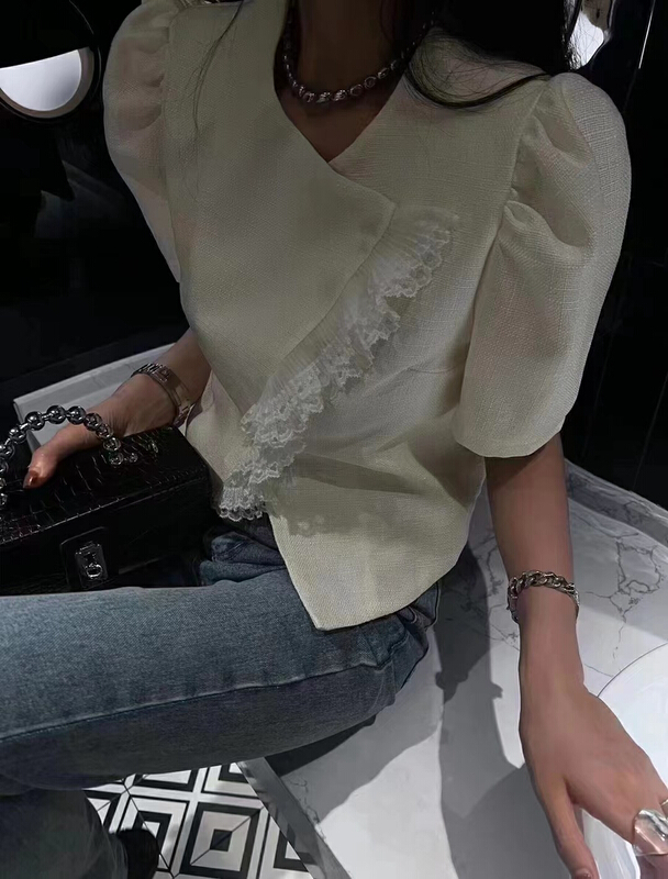 [keen k] small fragrance inclined placket design lace short suit s103\wtt