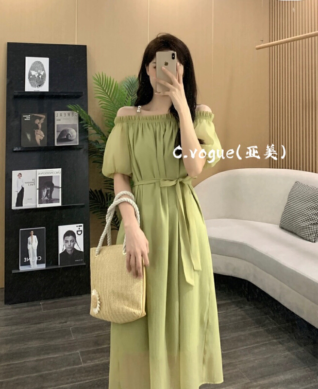 [c.vogue] French soft off shoulder chiffon loose dress (with waist rope) 3895\pcz