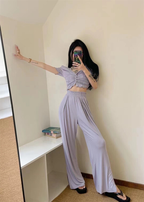 [mix] solid color pleated shirt + casual pants suit 0300\wtt