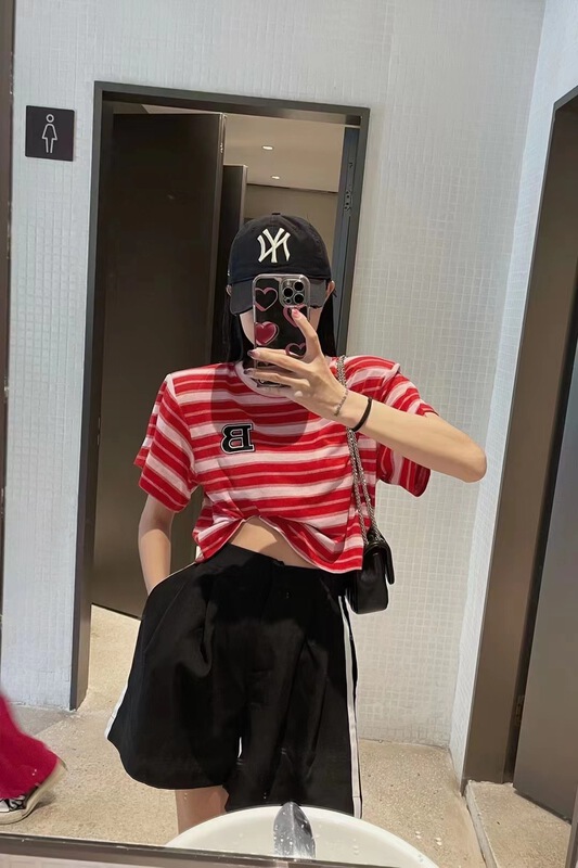 [DL] stripe letter round neck short sleeve T-shirt 8697\wtt