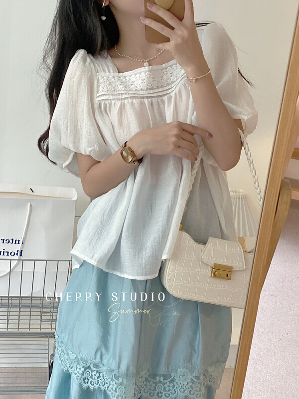 [cherry studio] fresh and simple square neck bubble sleeve shirt 5258\hbx