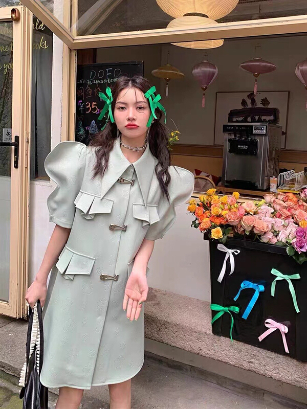 【 mi 】 French metal button jacquard small pointed collar dress 9728\pcz