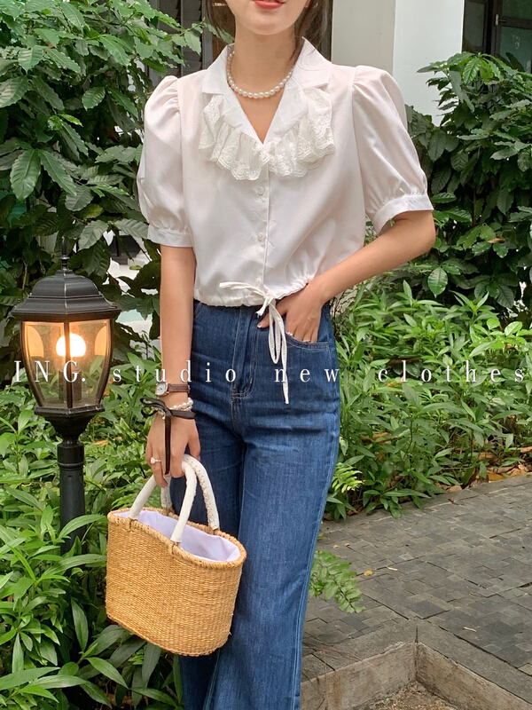 [ing] French Lapel lace patchwork blouse ing9055