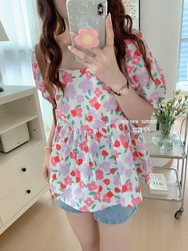 [choco] sweet square collar small flowered shirt 8344\hbx
