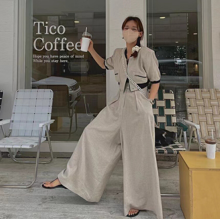[31 fashion] Korean simple high-level color contrast Top + temperament loose pants set a8031\hjy