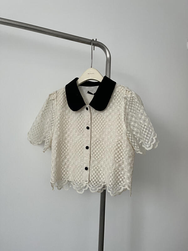 [RS] Korean color contrast baby collar lace button up shirt rs2308\xyy