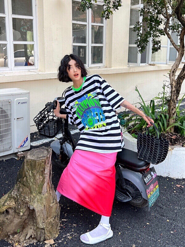 [wlady] Korean stripe cartoon loose short sleeve T-shirt a383\wtt