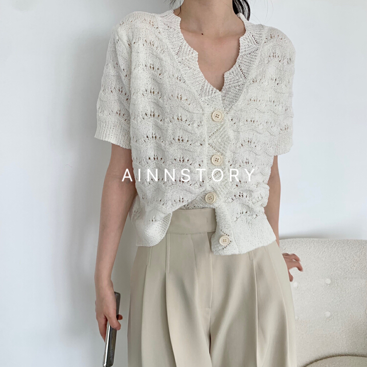 In early summer! [ainnstory] V-neck hollow out short sleeve T-shirt c11\hbx