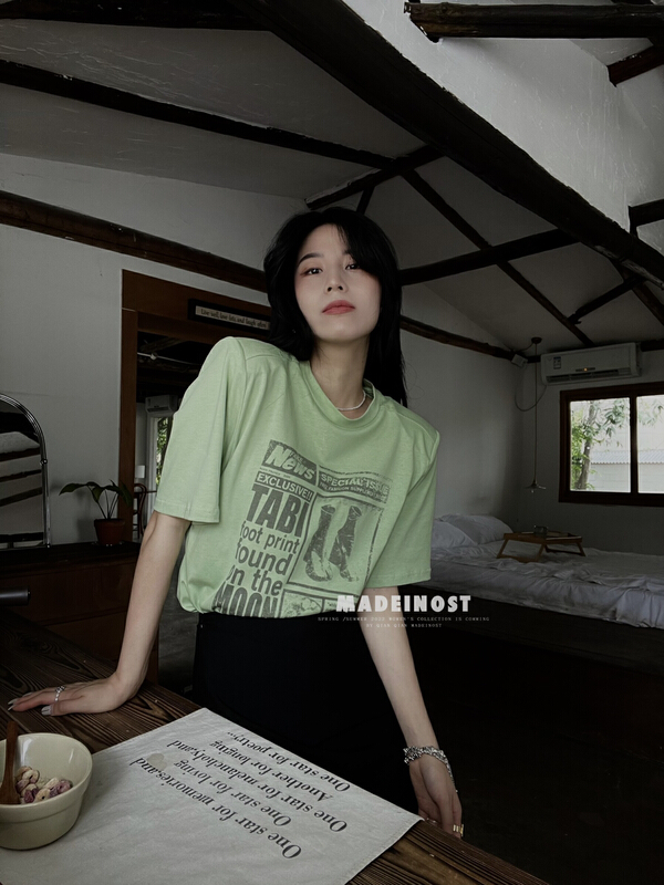 [OSHA madeinost] American casual retro shoulder pad t short sleeve T-shirt 86359\ll