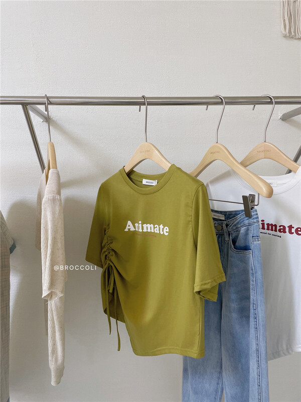 [broccoli] Korean alphabet printed drawstring short sleeve T-shirt 8085\zjy