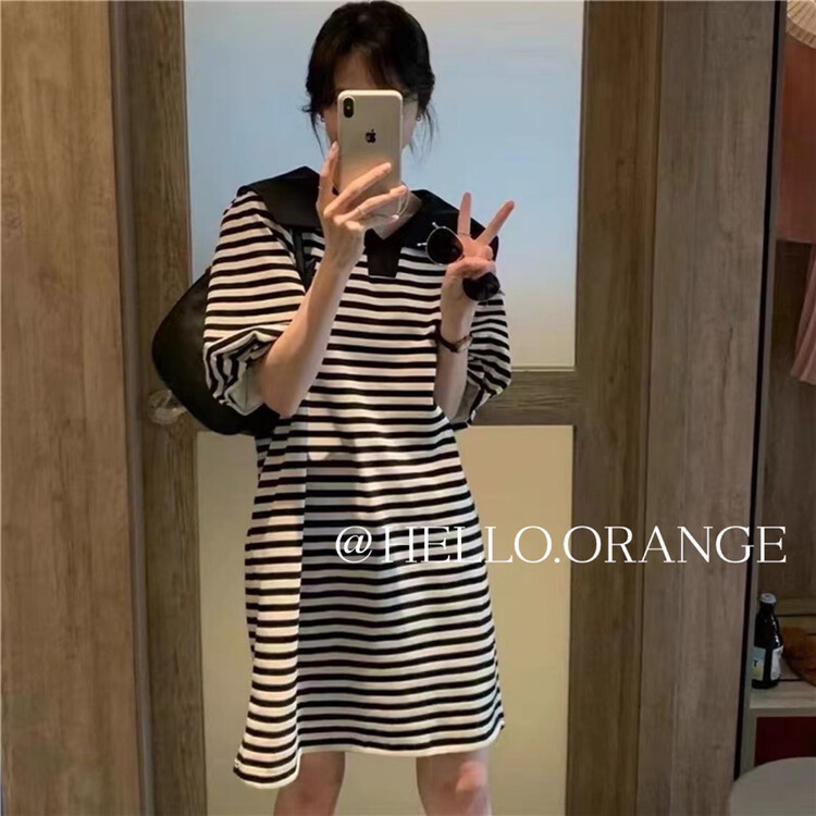 [orange] Korean casual loose stripe dress 8860\hbx