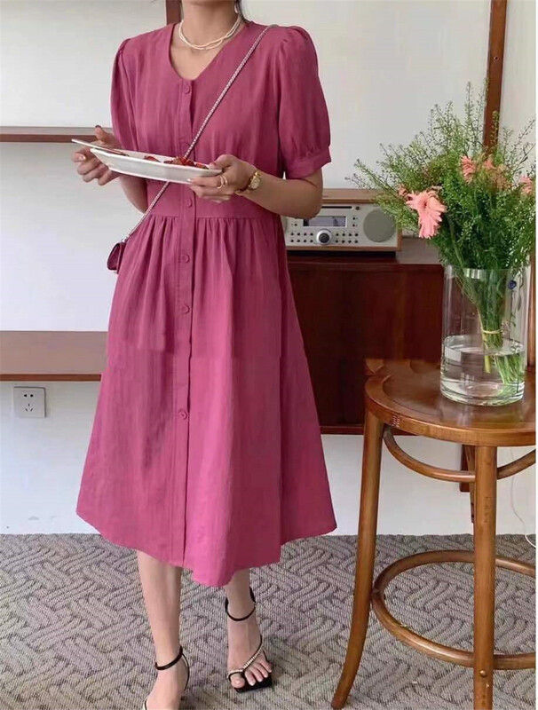 [Xiangli] fresh and simple V-neck single breasted short sleeve dress (with bag) 8526\pcz