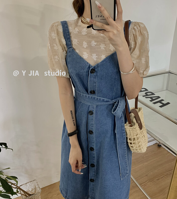[y.jia EJA] gentle bubble sleeve shirt + simple cardigan strap denim strap Skirt Set (with belt) ys2-1183\pcz