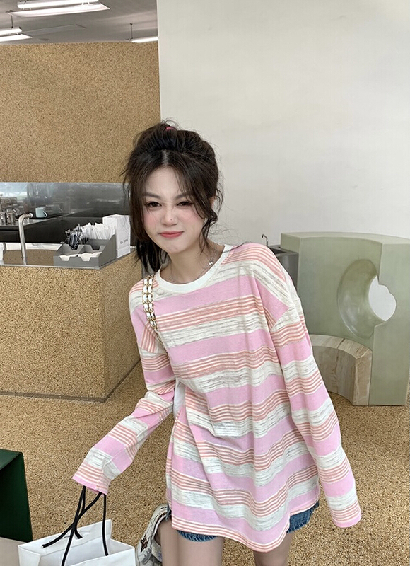 [savage] Korean contrast striped loose round neck sunscreen shirt e8631\wpl