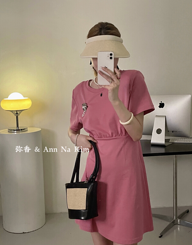[fragrance] simple cotton soft elastic short A-shaped slim dress (with waist rope) 5366\hjy