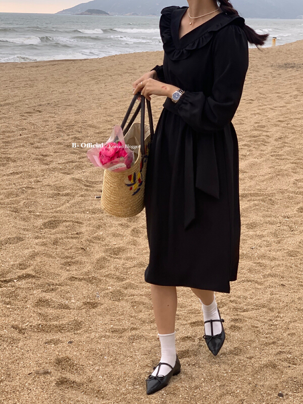 New year in early spring! [B plus] Korean wood ear trim V-neck slim dress (with belt) 22-419-2\hbx
