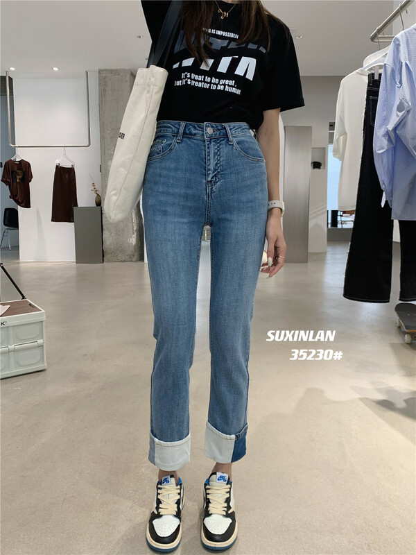 Summer new! [suxinlan] patchwork design feeling retro slim jeans 35230\lsl