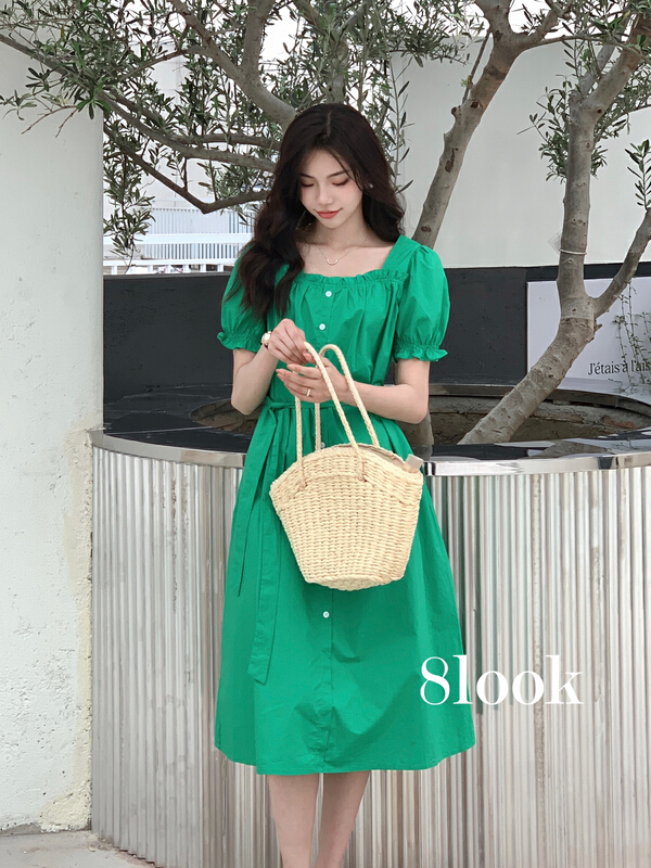 初夏上新!【8 LOOK】時尚中長款單排扣連衣裙(配腰繩)  1096#  HJY