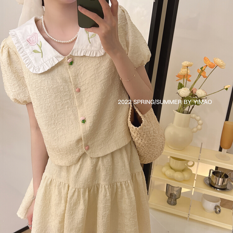 [Feimao (Yimao)] lady sweet embroidered blouse + high waist slim A-line skirt set ym-7912\lsl