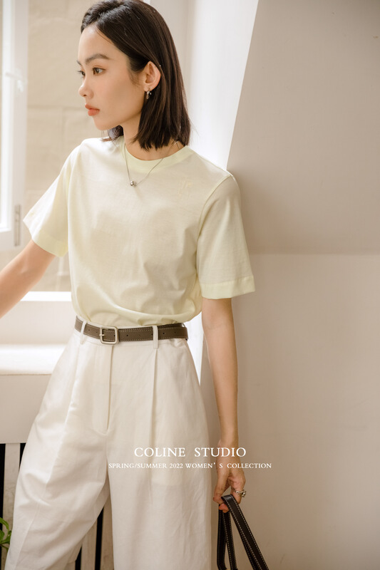 [Coline] simple solid color round neck versatile short sleeve T-shirt 2180\hyy
