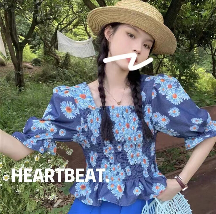 [hearteat] square neck floret short bubble sleeve pull shirt 529\zjy