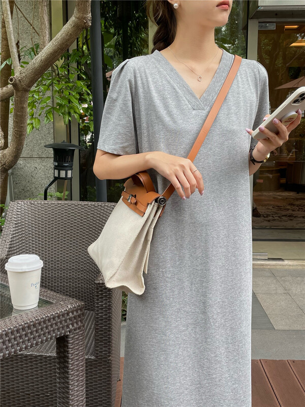 [feeding] casual V-neck solid color lazy dress 7920-d5\cls