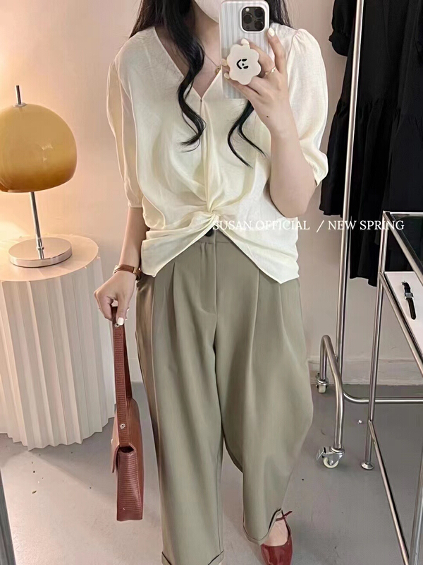 [Susan] Korean V-neck retro shirt 18783\lsw