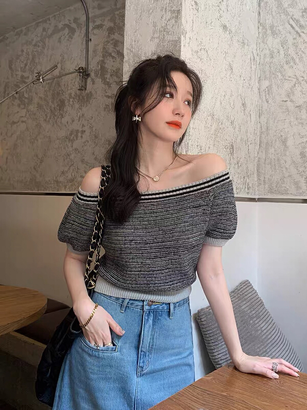 [savage] foreign style stripe snap neck elastic short T-shirt e8630\wpl