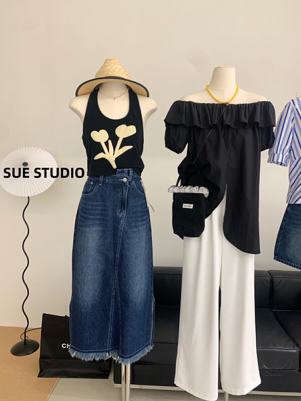 [Sue studio] basic versatile irregular two side split denim skirt 8316\zjy