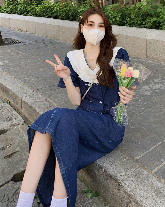 [y.jia EJA] baby collar small shirt high waist cowboy half suit 5669