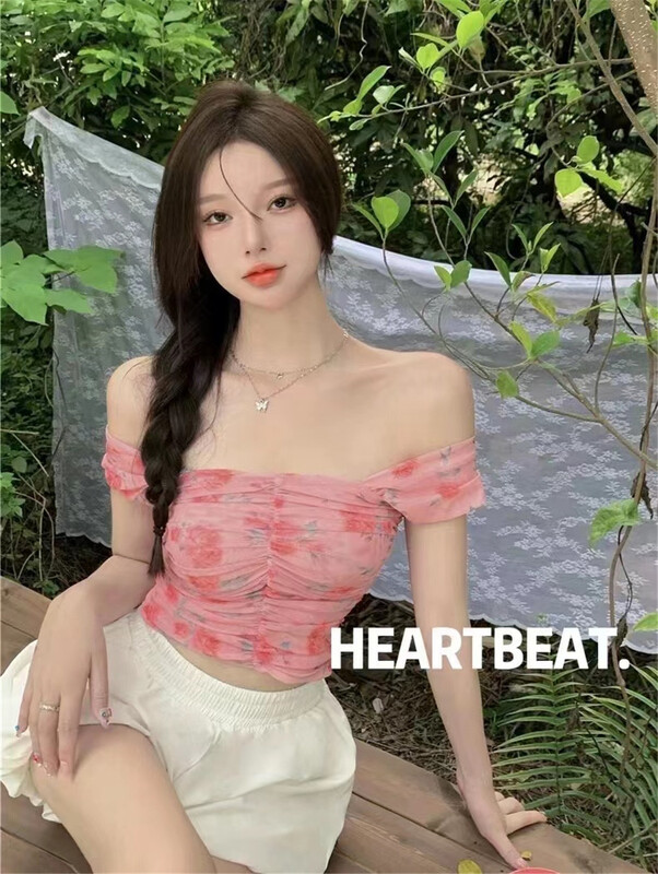 [hearteat] pure desire for style two-way off shoulder printed shirt 585\zjy