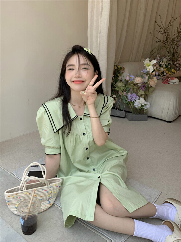 [timely rain] Han Feng ins age reducing baby collar bubble sleeve loose dress 44439\wpl