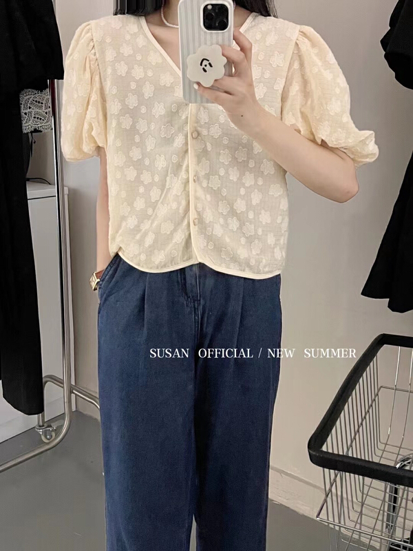 [Susan] Korean V-neck flower breasted shirt 18801\lsw