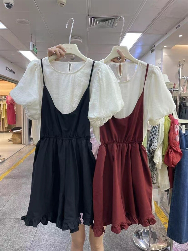 [Susan] fashion simple bubble sleeve blouse + trendy suspender skirt suit 19181\lsw