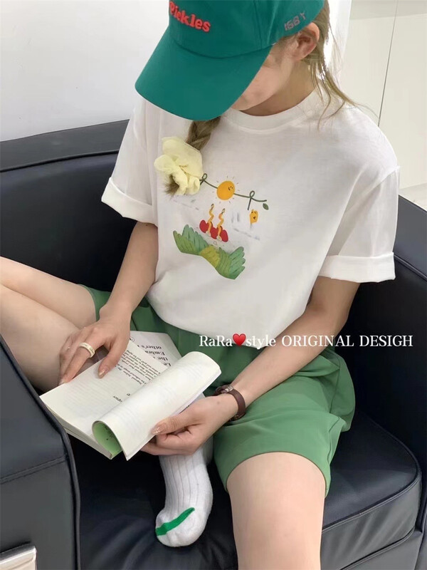 [rara] fresh and simple sun printed round neck short sleeve T-shirt 19250-10\lsl