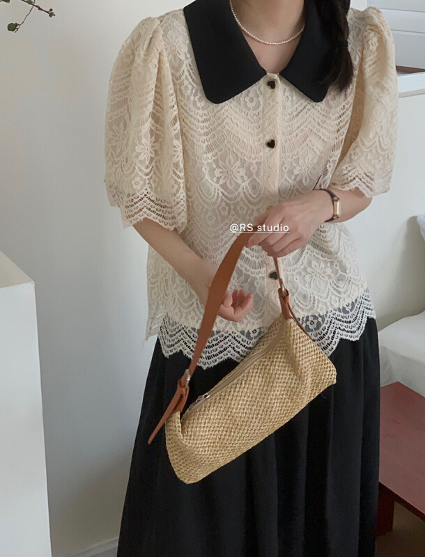 【 RS 】 Lapel lace hollow out shirt dh2192\xyy