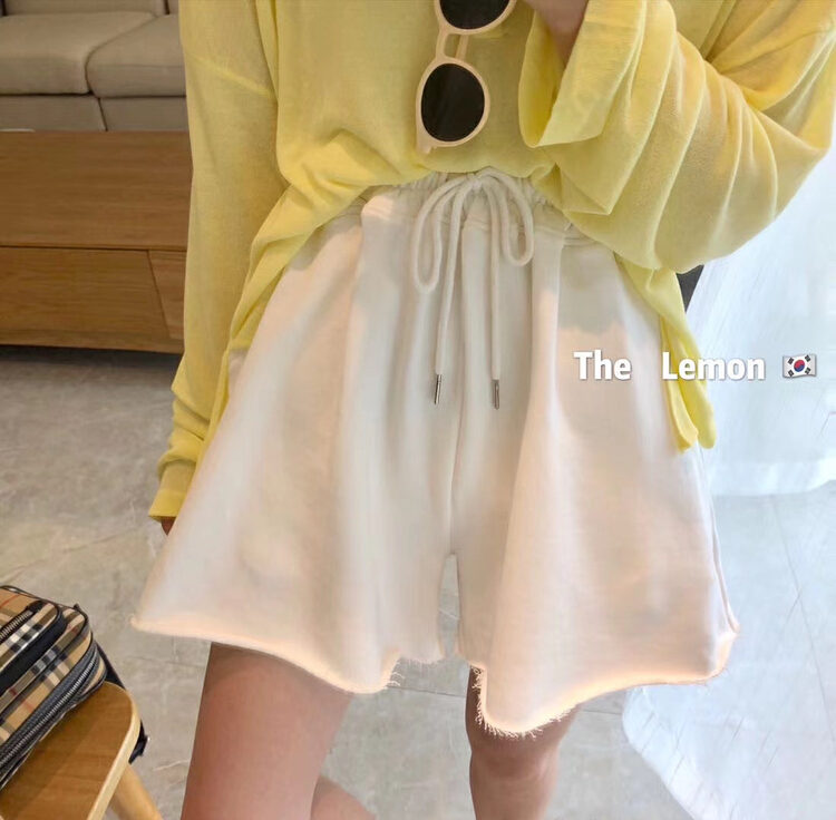 [lemon green tea] solid color drawstring elastic waist casual shorts ys1-697\hjy
